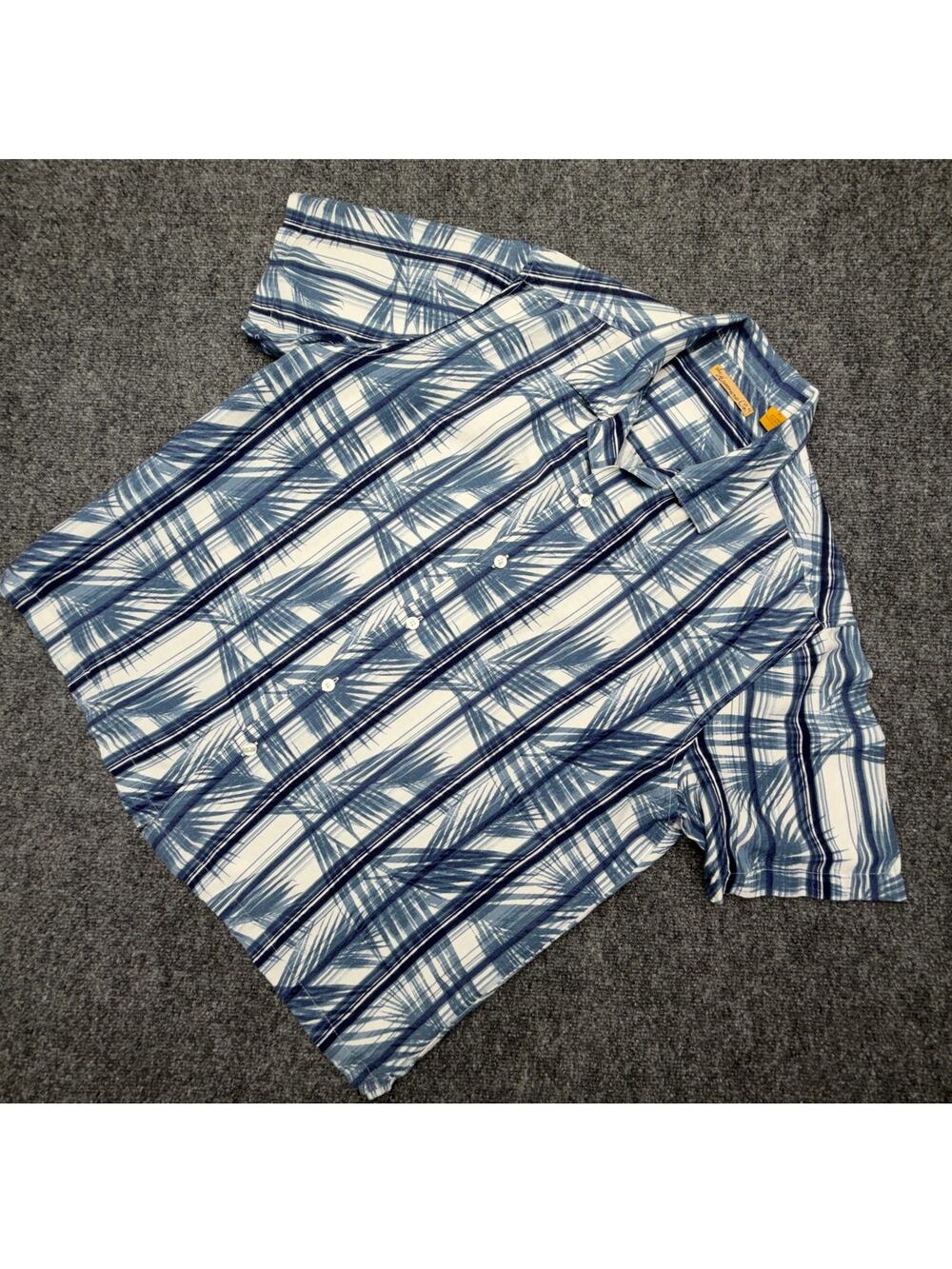 The Havanera Co Hawaiian Shirt Blue Plaid Palm Linen Rayon Mens XL